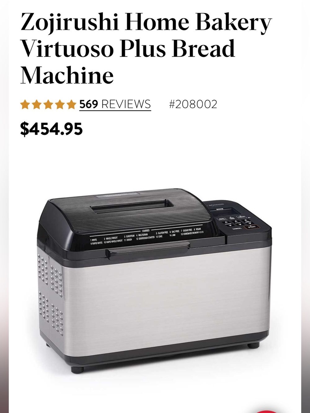 Zojirushi Virtuoso Plus Bread Machine - Stainless Black